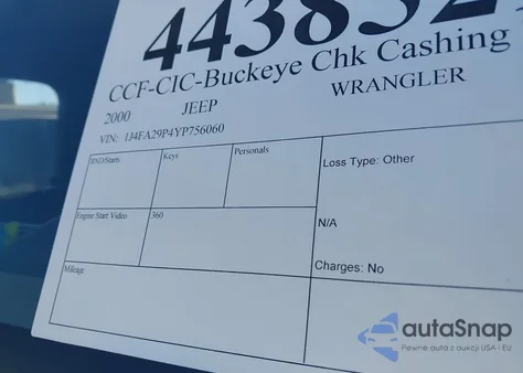 2000 Jeep Wrangler Se z USA, uszkodzony, nr VIN 1J4FA29P4YP756060